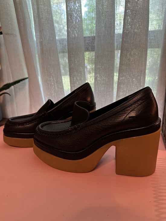 Zodiac Black Leather Platform Loafers with Brown Block Heel - Picture 4 of 10